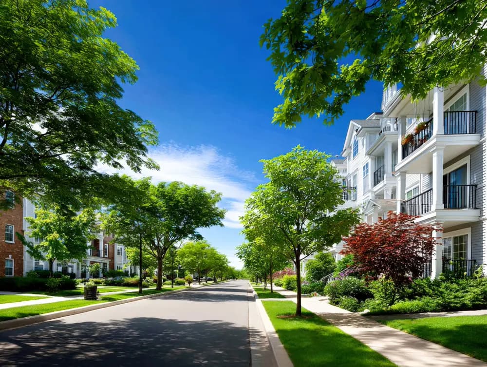 A peaceful residential street lined with green trees